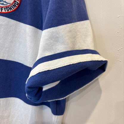 00's Ralph Lauren ラルフローレン 襟シャンブレー ボーダー ラガーシャツ ポロシャツ 青白 (L) B3693T-SO