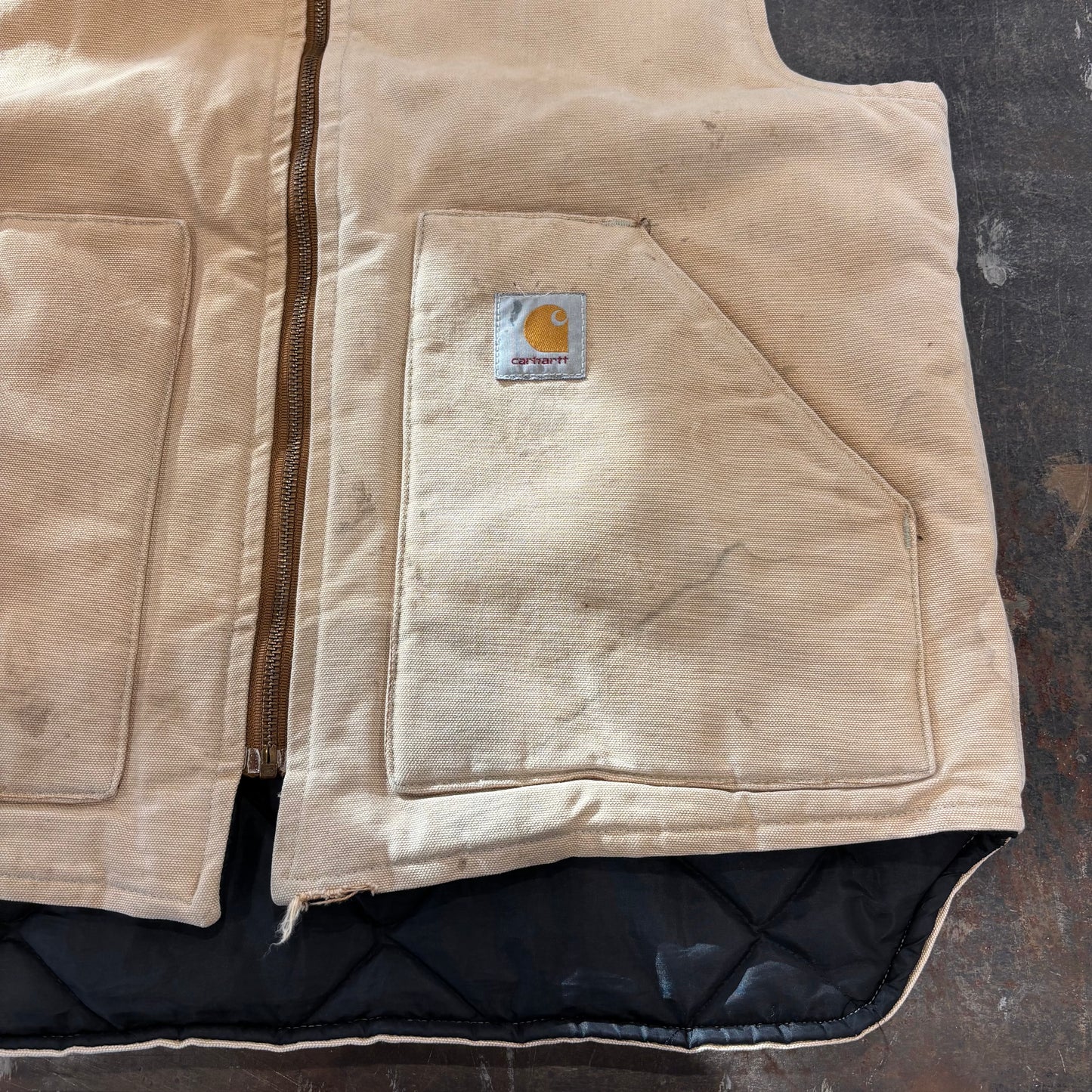 90's Carhartt work vest ダック ワーク ベスト 腰ゴム ベージュ(L)/A6707V-SO