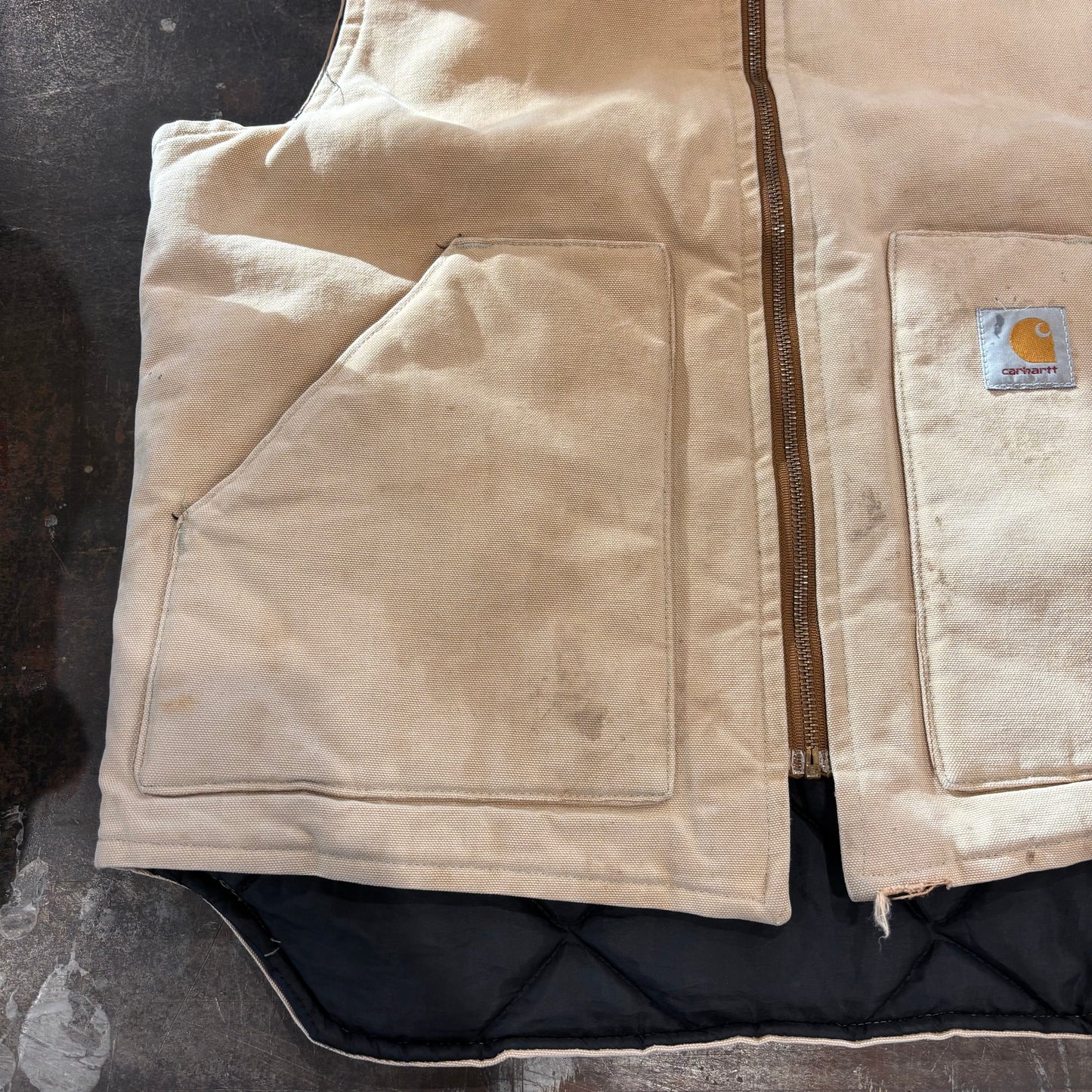 90's Carhartt work vest ダック ワーク ベスト 腰ゴム ベージュ(L)/A6707V-SO