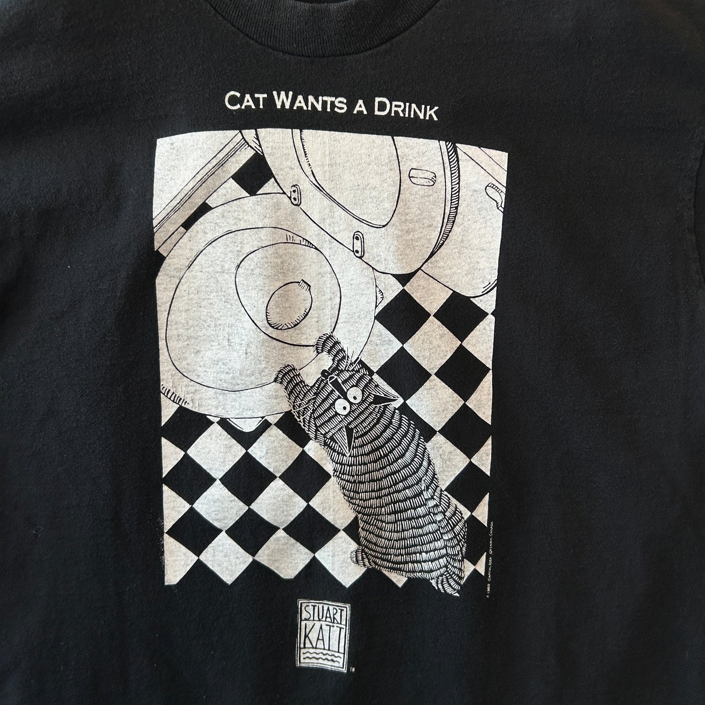 80's  STUART KATT "CAT WANTS A DRINK" ネコ アートTシャツ 黒 (L)/C0912T-SO