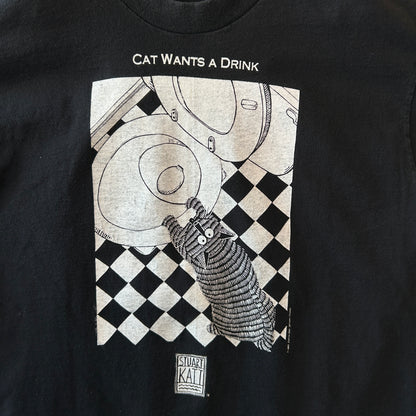 80's  STUART KATT "CAT WANTS A DRINK" ネコ アートTシャツ 黒 (L)/C0912T-SO