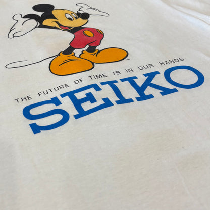 90's Hanes ヘインズ Disney×SEIKO ディズニーウォッチ ミッキー キャラクター 企業Tシャツ 白 (L) /A7525T-SO
