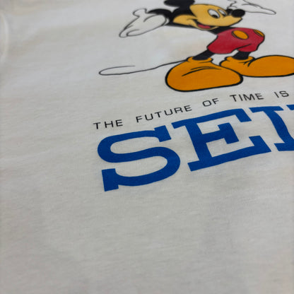 90's Hanes ヘインズ Disney×SEIKO ディズニーウォッチ ミッキー キャラクター 企業Tシャツ 白 (L) /A7525T-SO