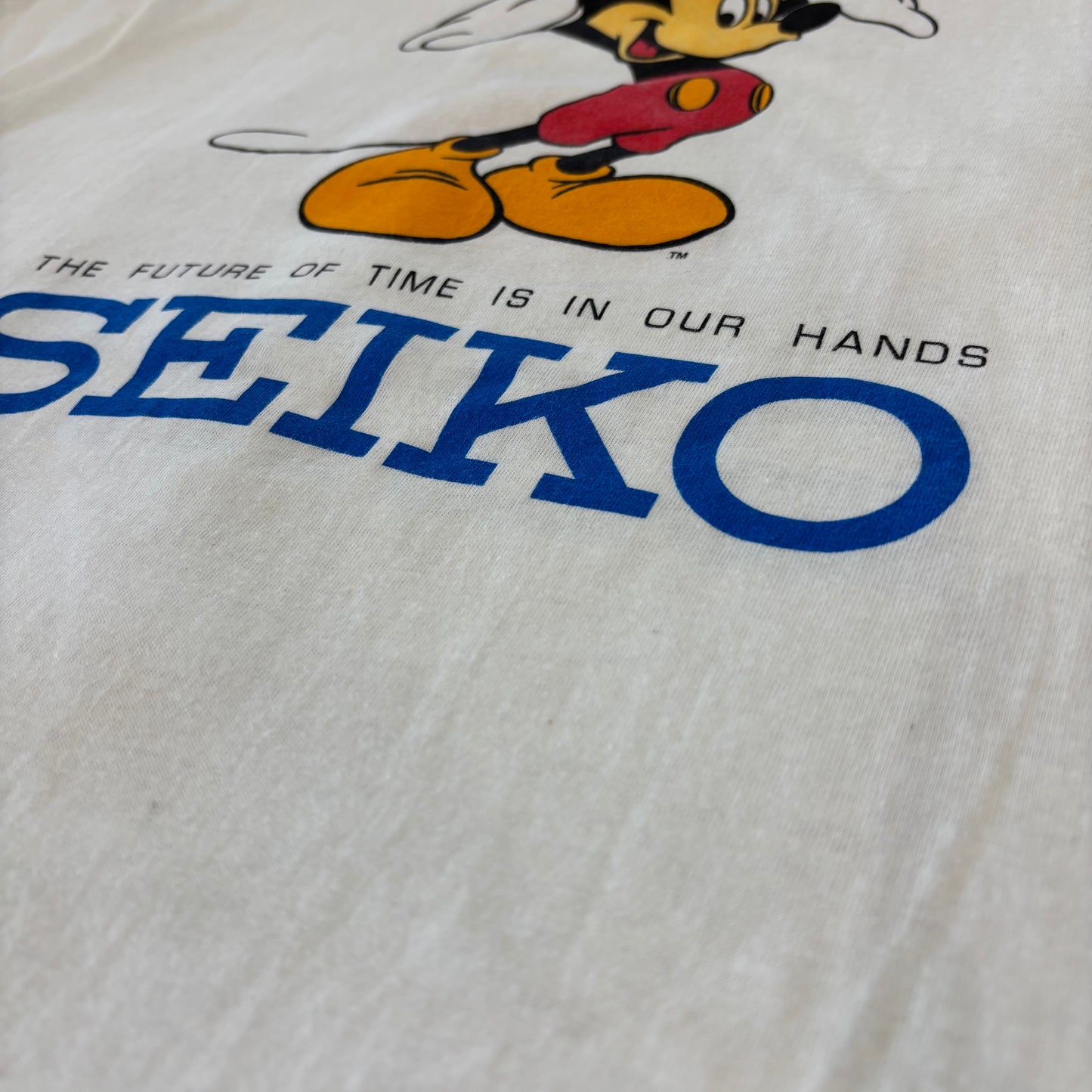 90's Hanes ヘインズ Disney×SEIKO ディズニーウォッチ ミッキー キャラクター 企業Tシャツ 白 (L) /A7525T-SO
