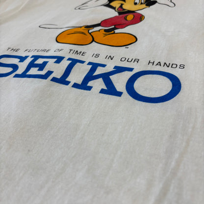90's Hanes ヘインズ Disney×SEIKO ディズニーウォッチ ミッキー キャラクター 企業Tシャツ 白 (L) /A7525T-SO