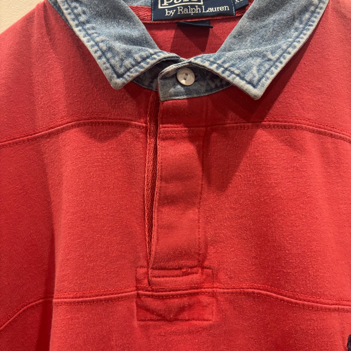 90-00's Polo by Ralph Lauren デニム襟 ラルフローレン ラガーシャツ コーラルレッド (L)/B4003S-SO