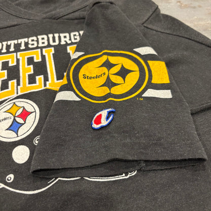 80's Champion チャンピオン トリコタグ NFL PITTSBURGH STEELERS フットボールTシャツ ブラック (XL) /A7469T-SO