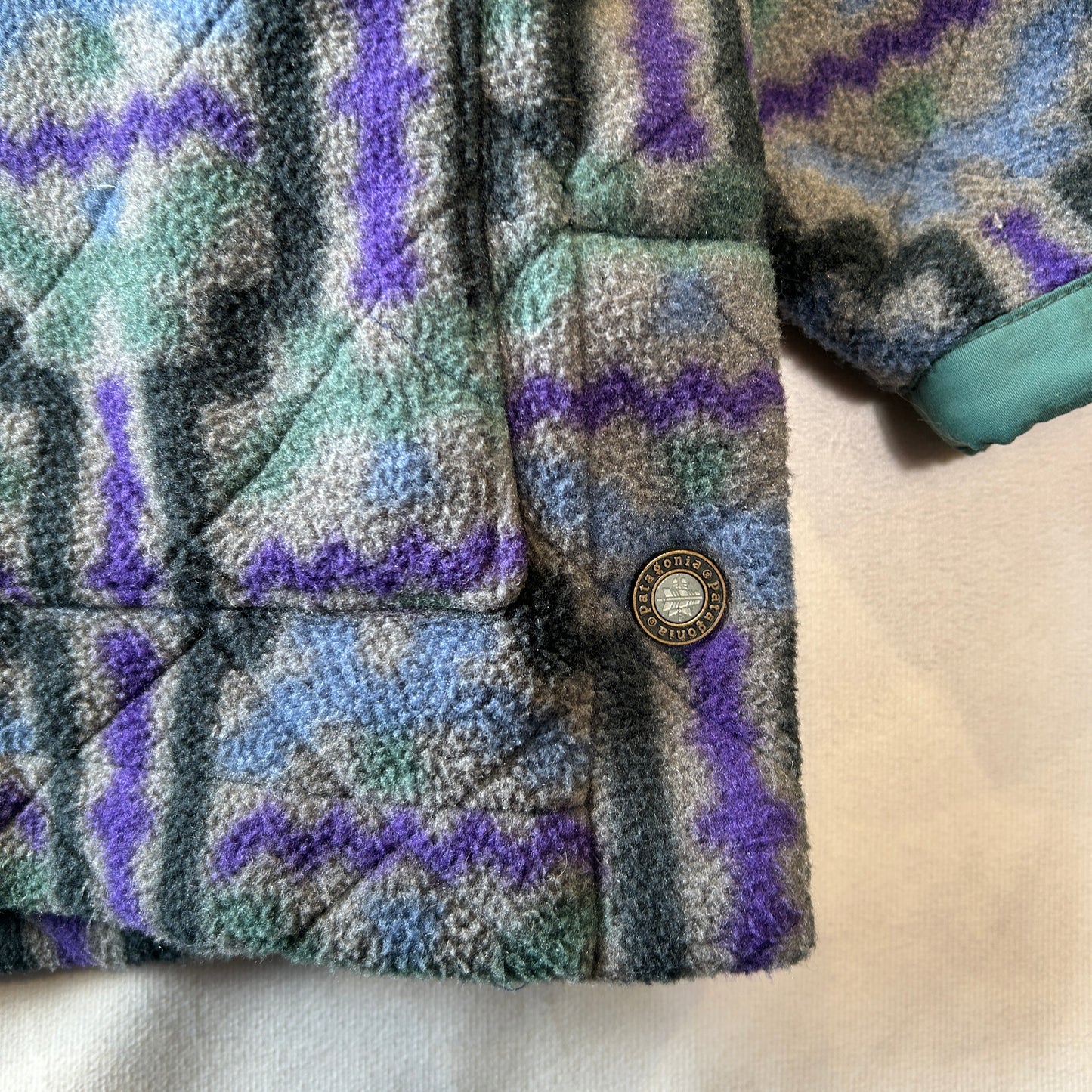90's Patagonia パタゴニア 雪無し "TEHUELCHES"総柄 シャーリングコート フリース (S)/A9888F-SO