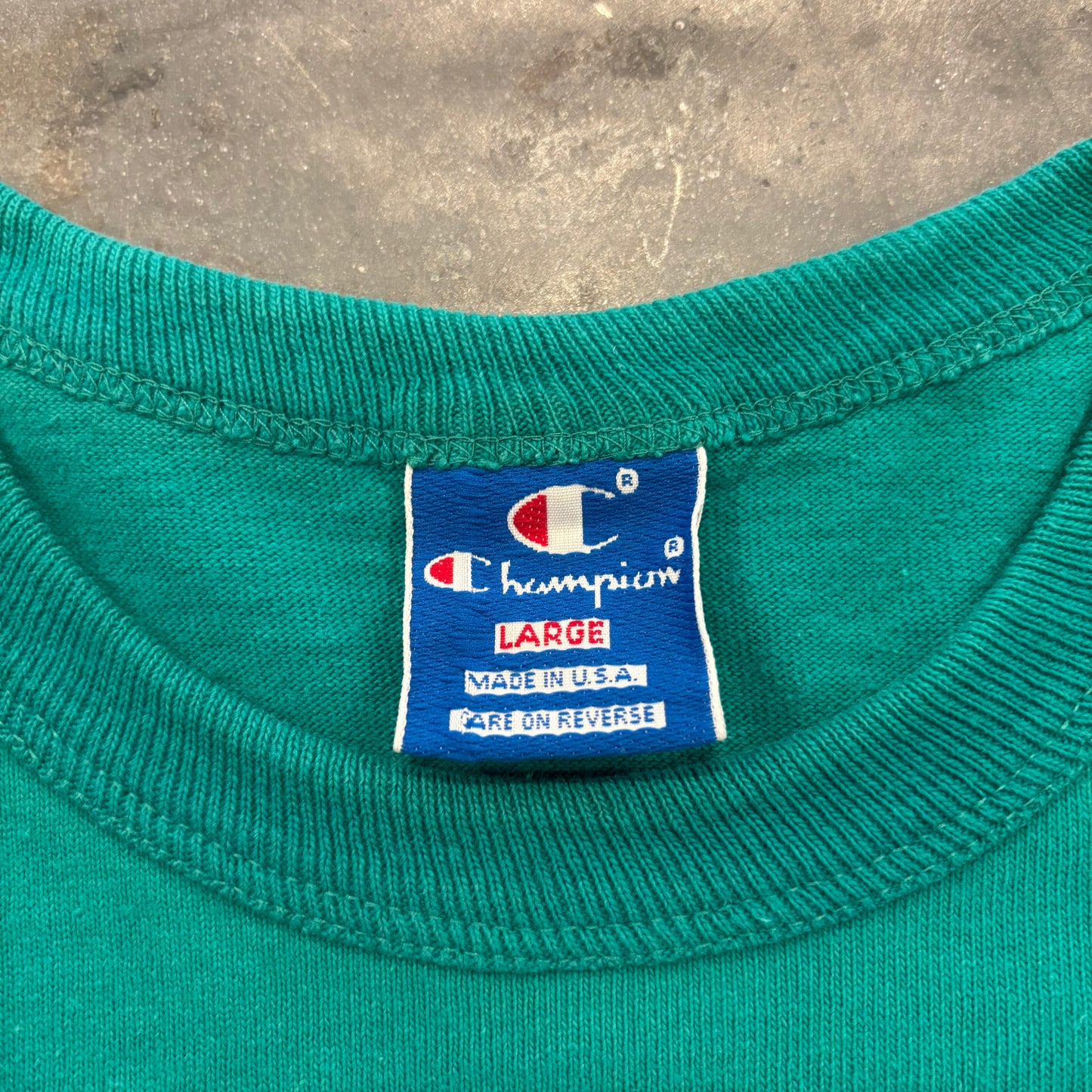 90's Champion チャンピオン 胸ロゴ 袖刺繍 Tシャツ ターコイズグリーン (L) B4037T-SO