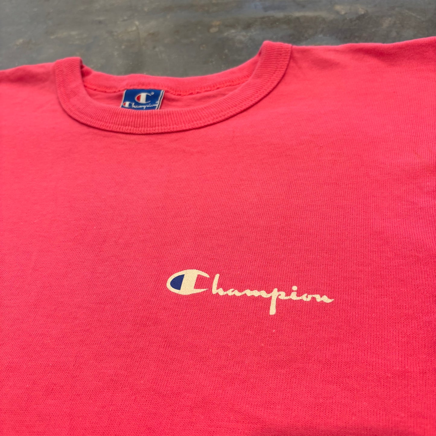 90's Champion チャンピオン 胸ロゴ 袖刺繍 Tシャツ ピンク (M) A2341T-SO