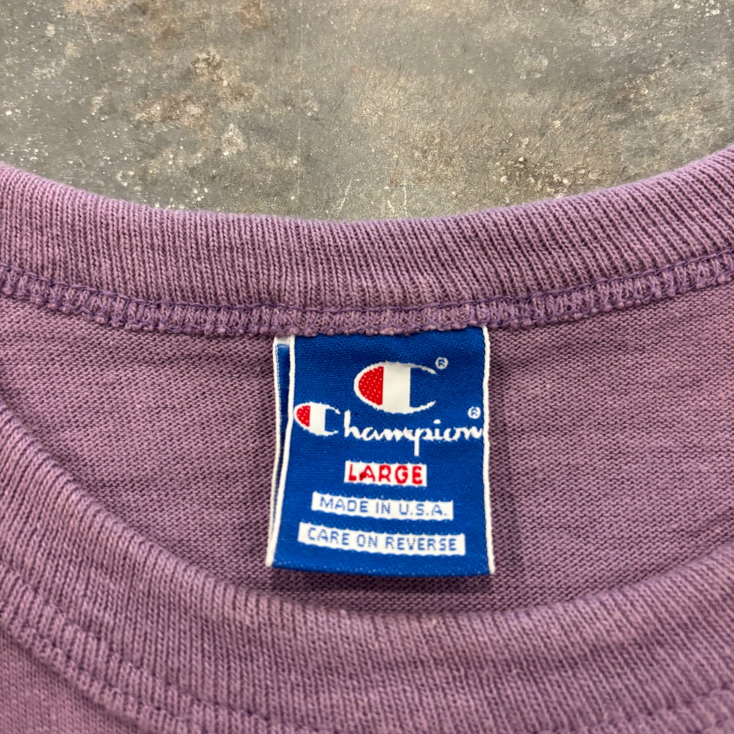90's Champion チャンピオンズ 胸ロゴ 袖刺繍 Tシャツ 紫 (L) A2343T-SO