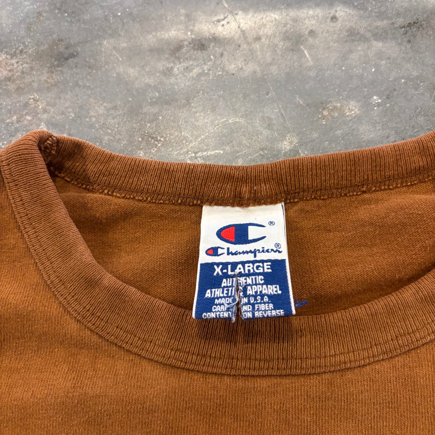 90's Champion チャンピオン 袖刺繍 無地Tシャツ ブラウン (XL) A7171T-SO