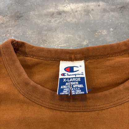 90's Champion チャンピオン 袖刺繍 無地Tシャツ ブラウン (XL) A7171T-SO