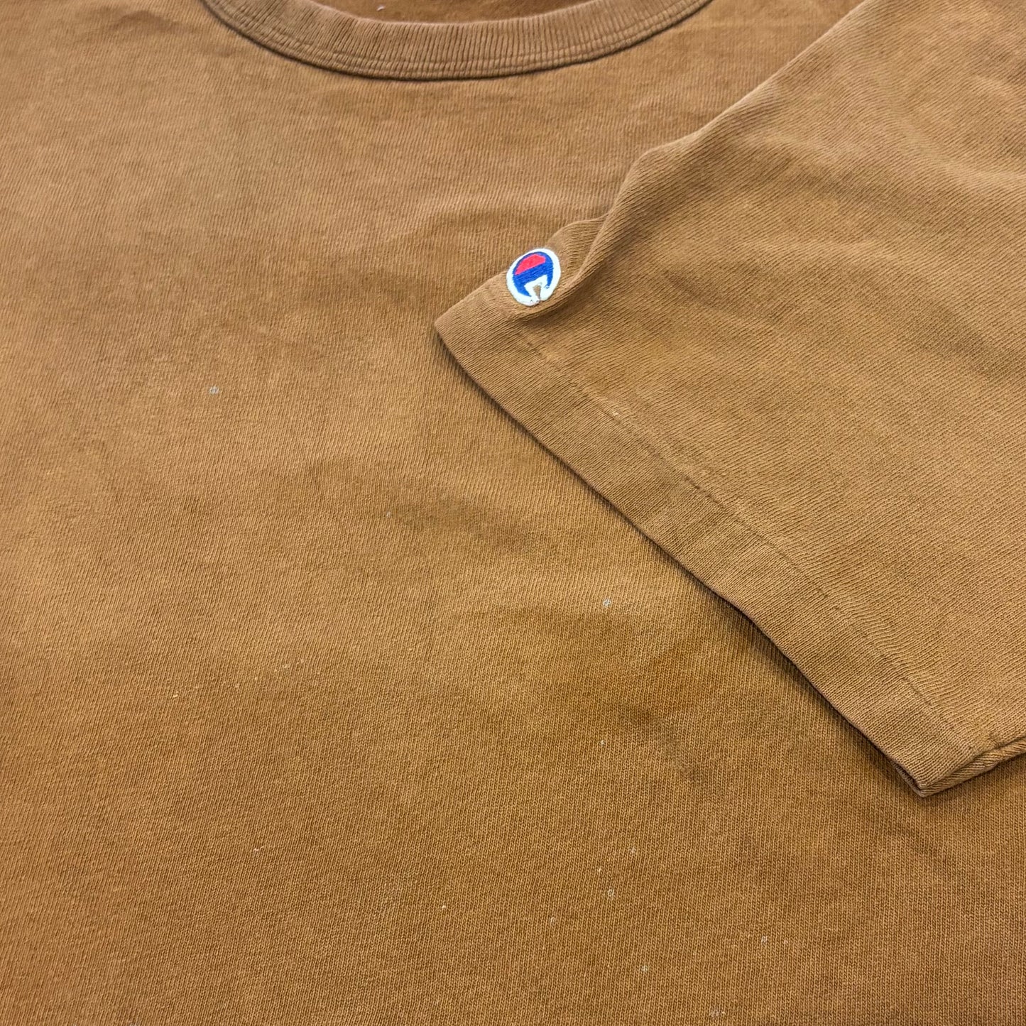 90's Champion チャンピオン 袖刺繍 無地Tシャツ ブラウン (XL) A7171T-SO