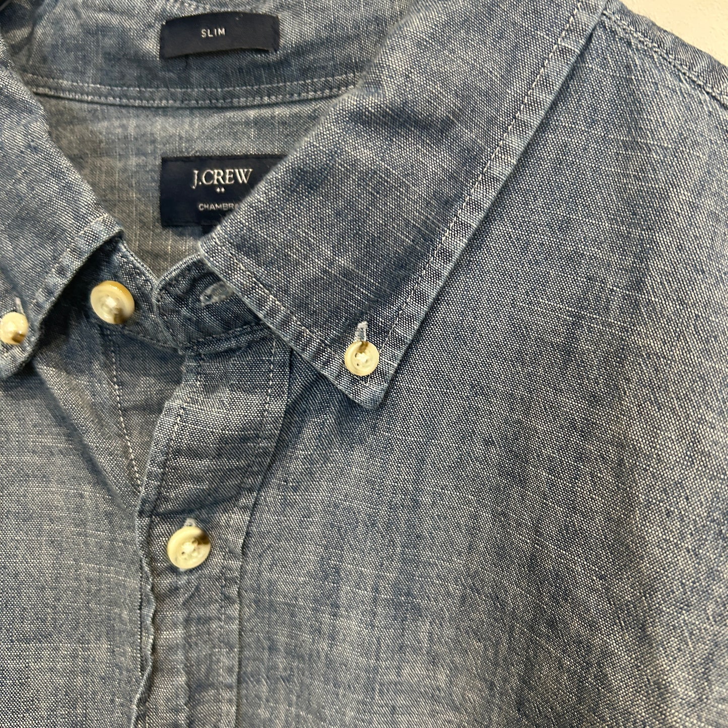 00's J.crew slim シャンブレー 半袖シャツ 薄青 (L)/C0984S-SO