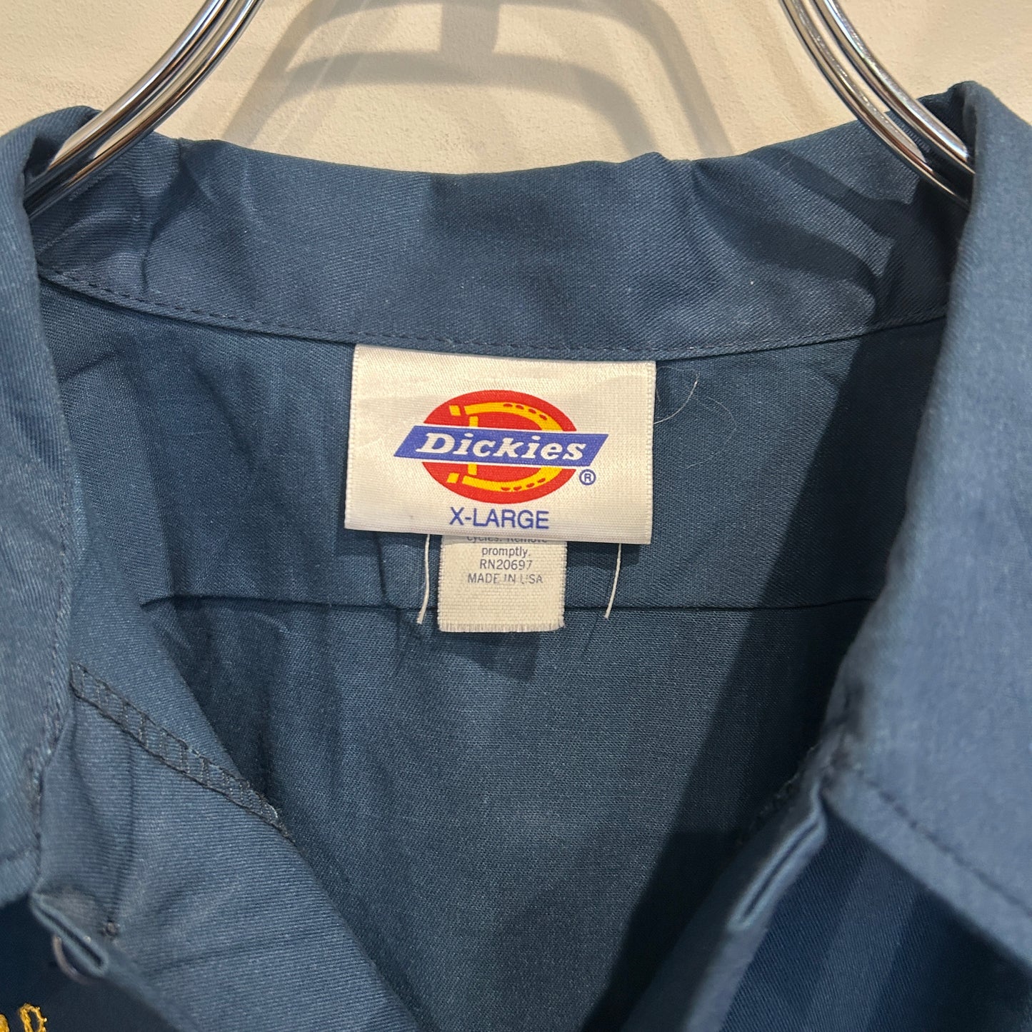 80~90's Dickies Plainedge School district ステファン 刺繍 ワークシャツ 紺 (XL)/A8003S-SO