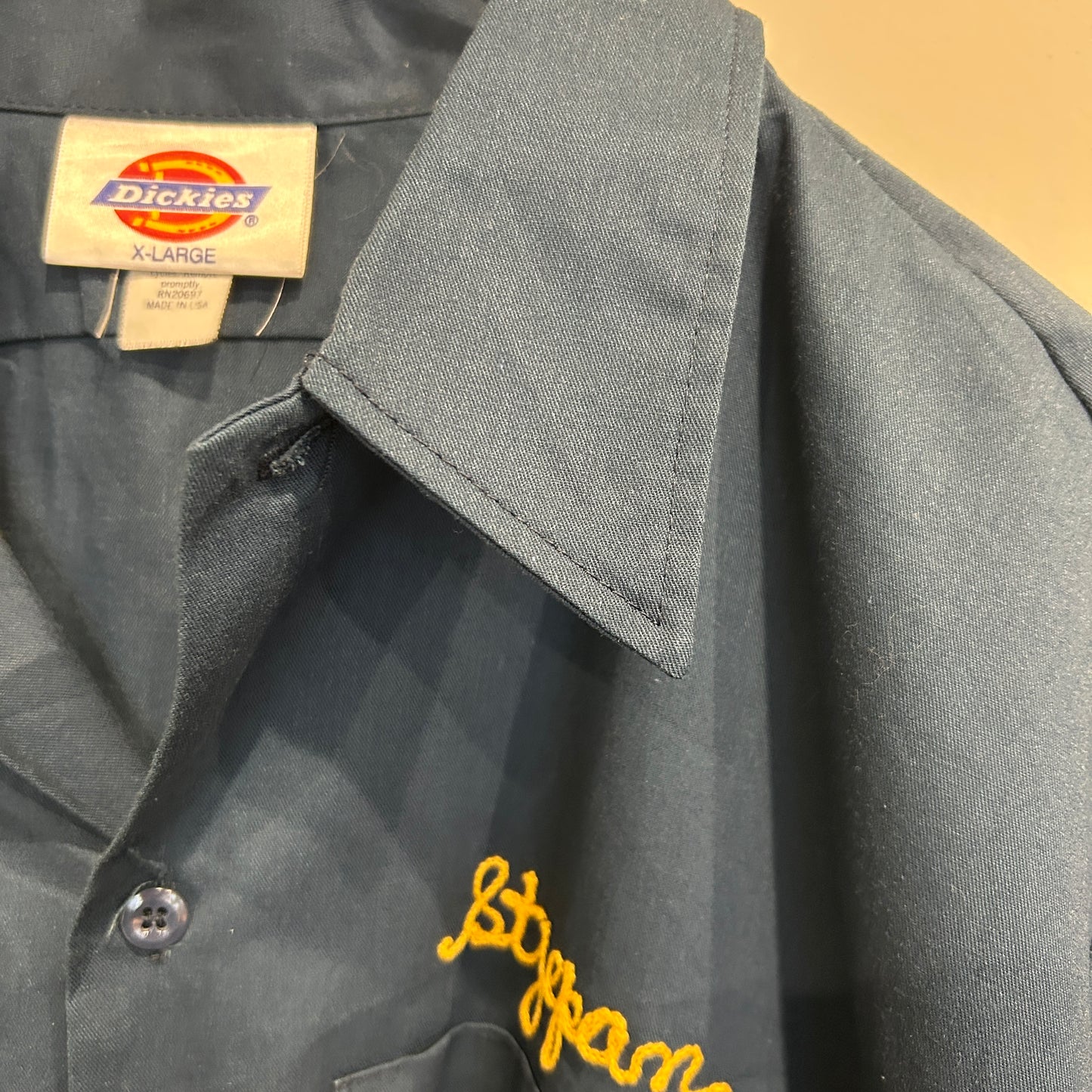 80~90's Dickies Plainedge School district ステファン 刺繍 ワークシャツ 紺 (XL)/A8003S-SO