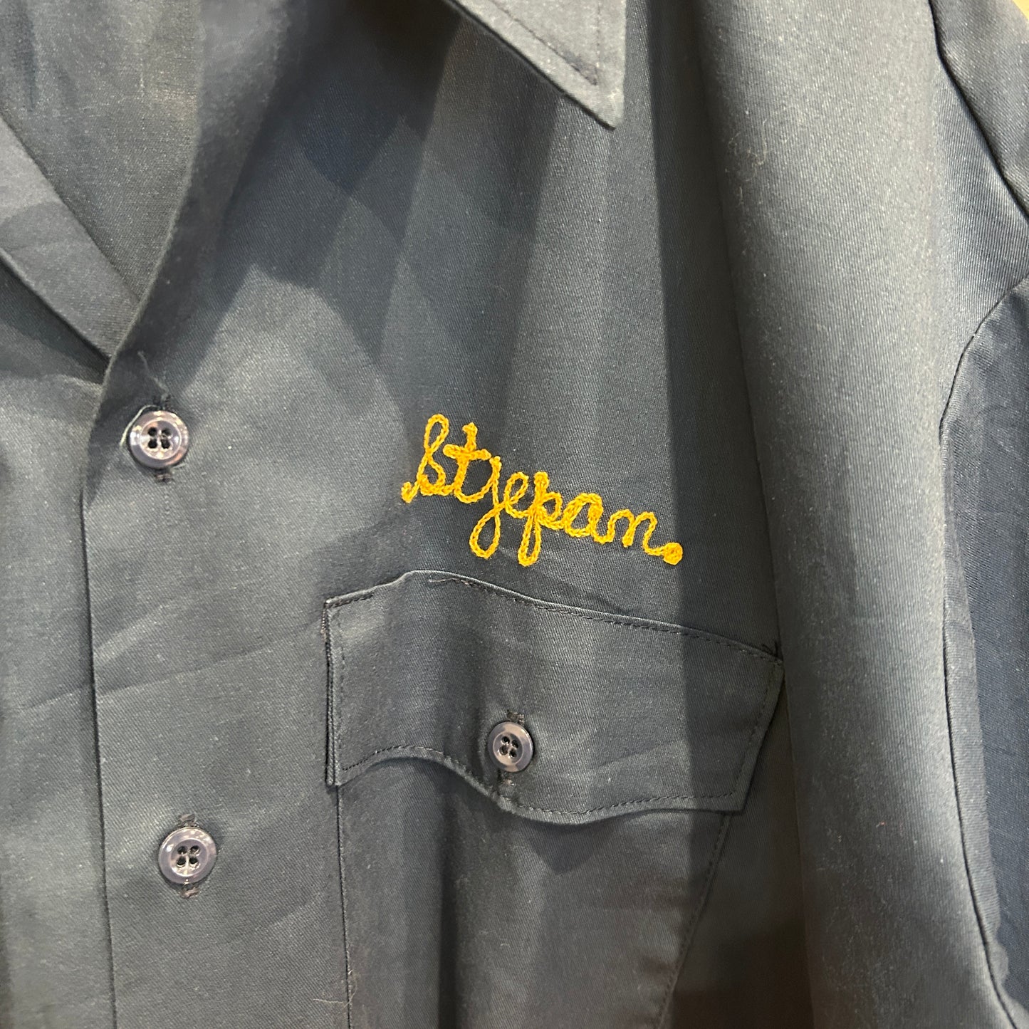 80~90's Dickies Plainedge School district ステファン 刺繍 ワークシャツ 紺 (XL)/A8003S-SO