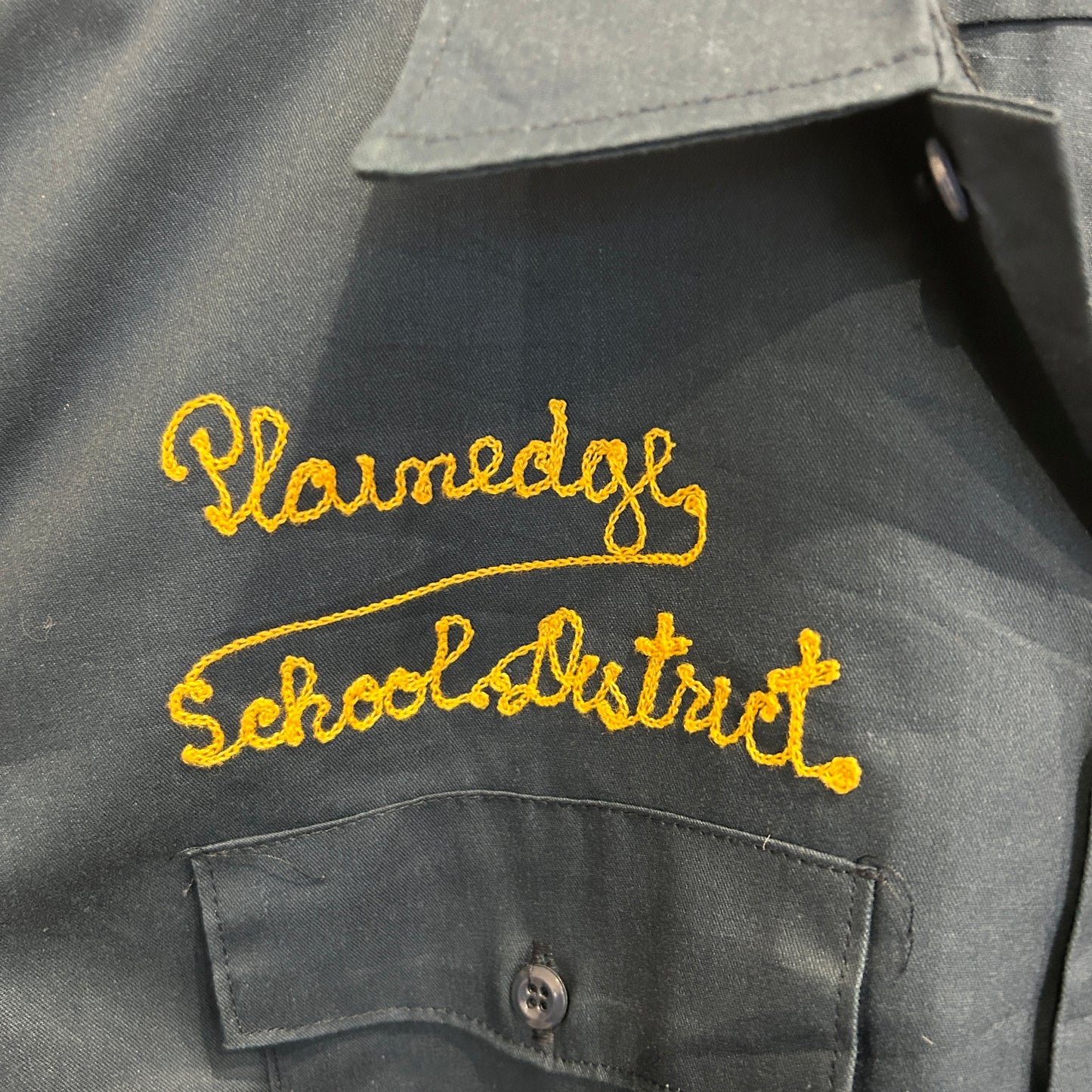 80~90's Dickies Plainedge School district ステファン 刺繍 ワークシャツ 紺 (XL)/A8003S-SO