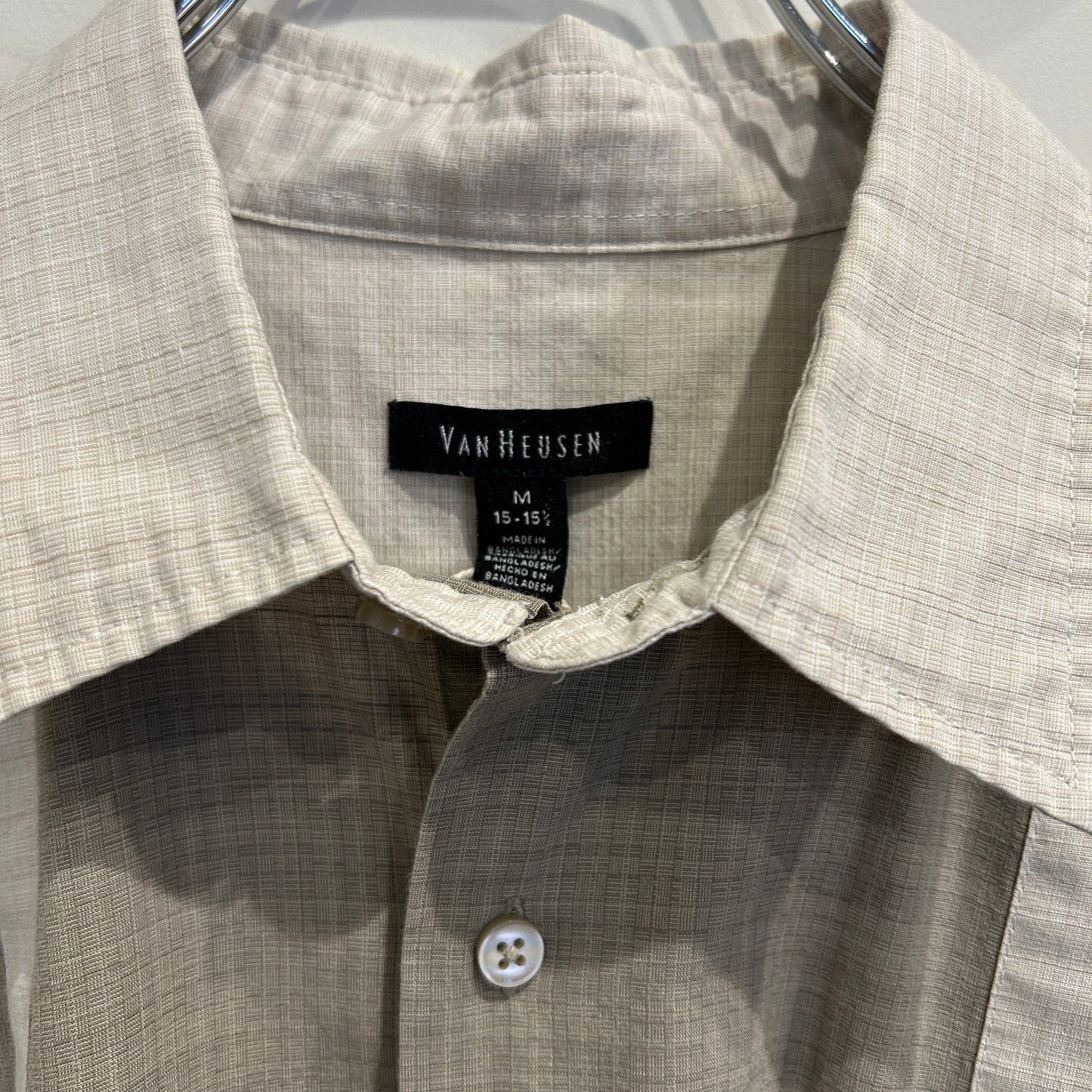 00's Van Heusen ストライプシャツ ２トーン 半袖シャツ グレー/ベージュ (M)/C0985S-SO