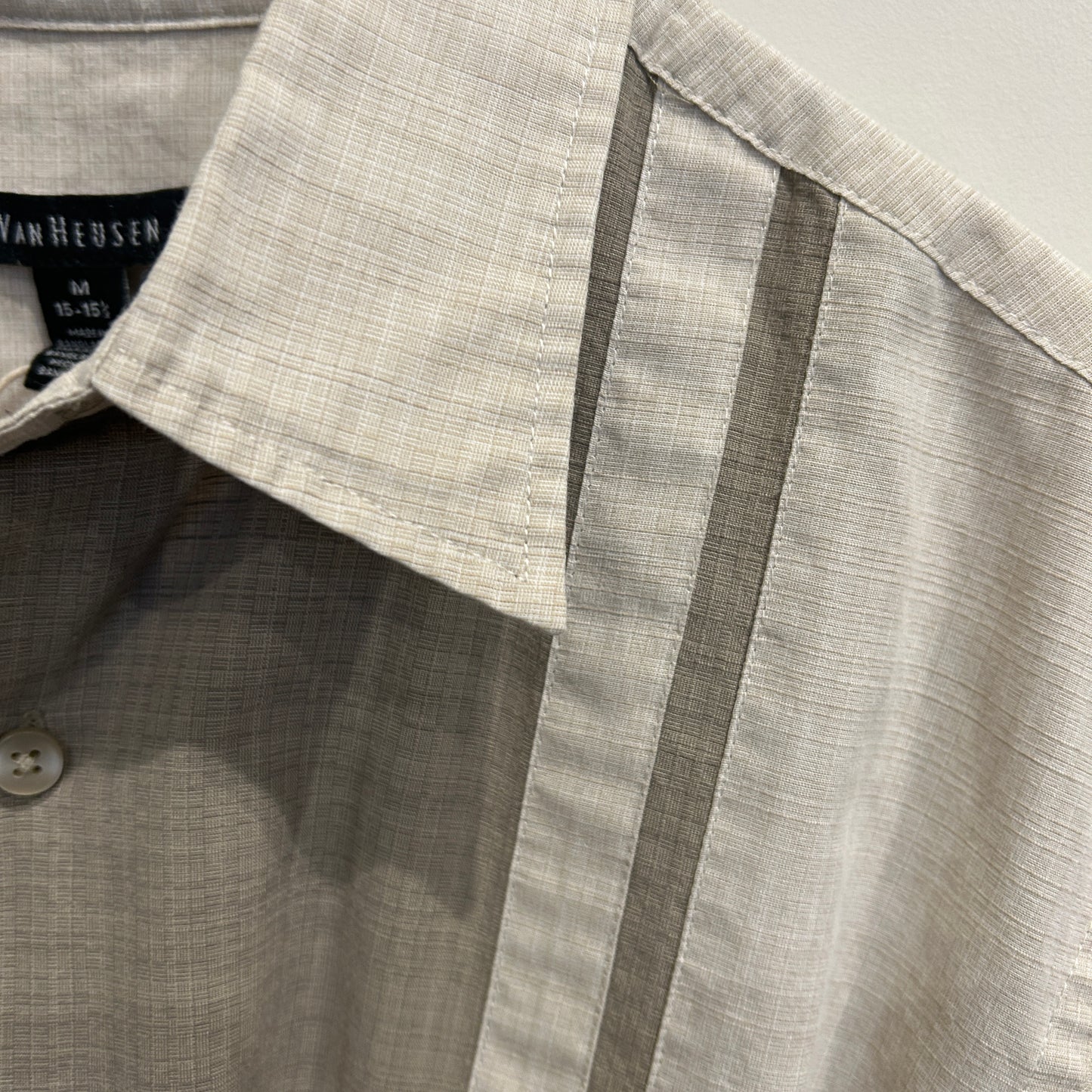 00's Van Heusen ストライプシャツ ２トーン 半袖シャツ グレー/ベージュ (M)/C0985S-SO