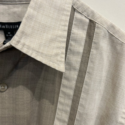 00's Van Heusen ストライプシャツ ２トーン 半袖シャツ グレー/ベージュ (M)/C0985S-SO