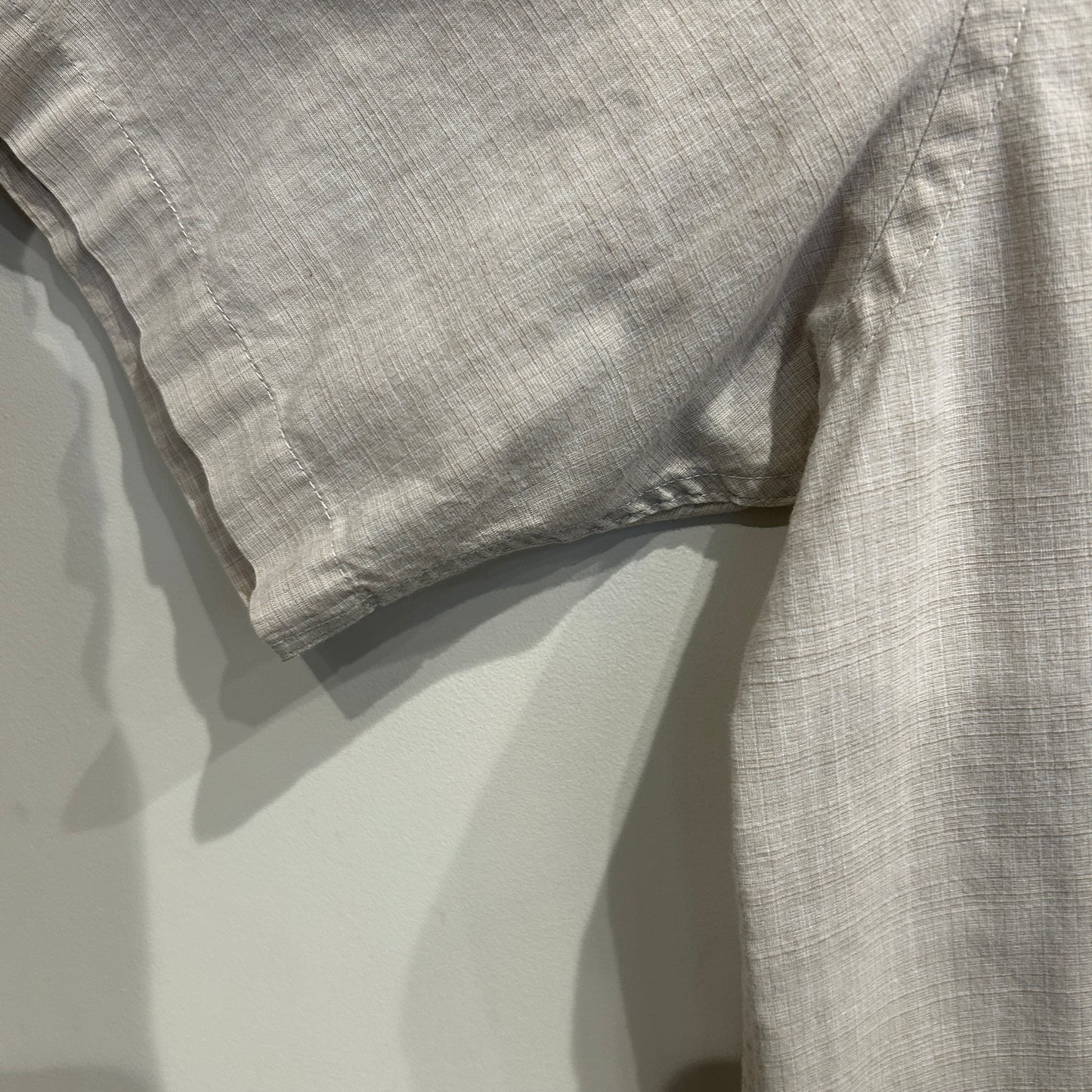 00's Van Heusen ストライプシャツ ２トーン 半袖シャツ グレー/ベージュ (M)/C0985S-SO