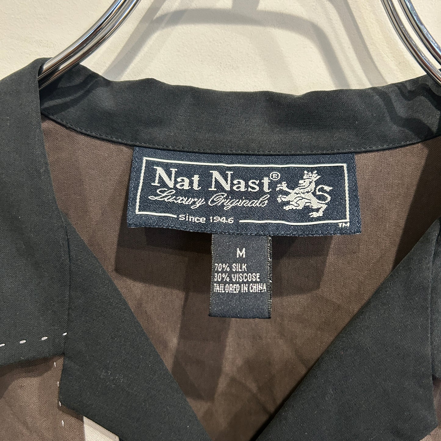 90's Nat Nast 70%シルク/30%ビスコース(レーヨン) ストライプ オープンカラーシャツ 茶黒ベージュ (M)/C0986S-SO