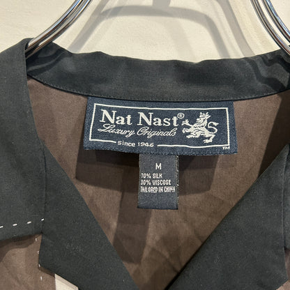 90's Nat Nast 70%シルク/30%ビスコース(レーヨン) ストライプ オープンカラーシャツ 茶黒ベージュ (M)/C0986S-SO