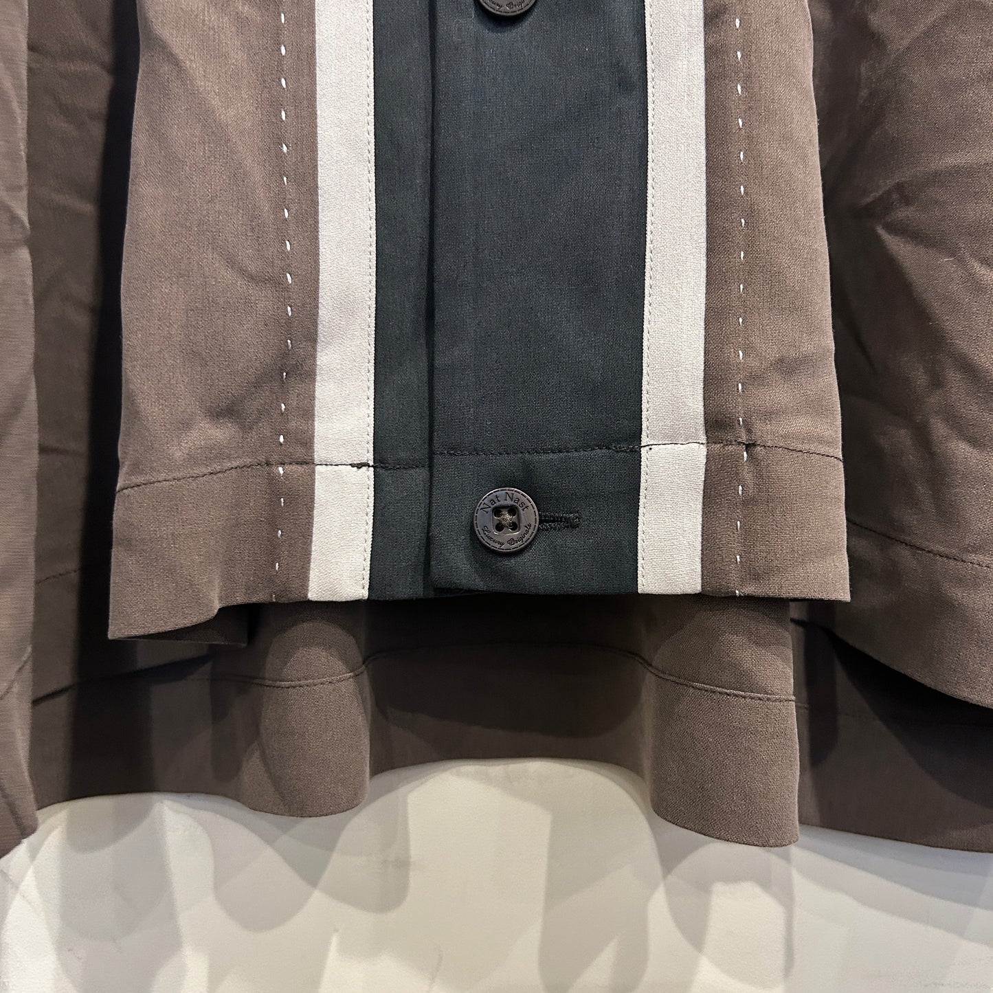 90's Nat Nast 70%シルク/30%ビスコース(レーヨン) ストライプ オープンカラーシャツ 茶黒ベージュ (M)/C0986S-SO