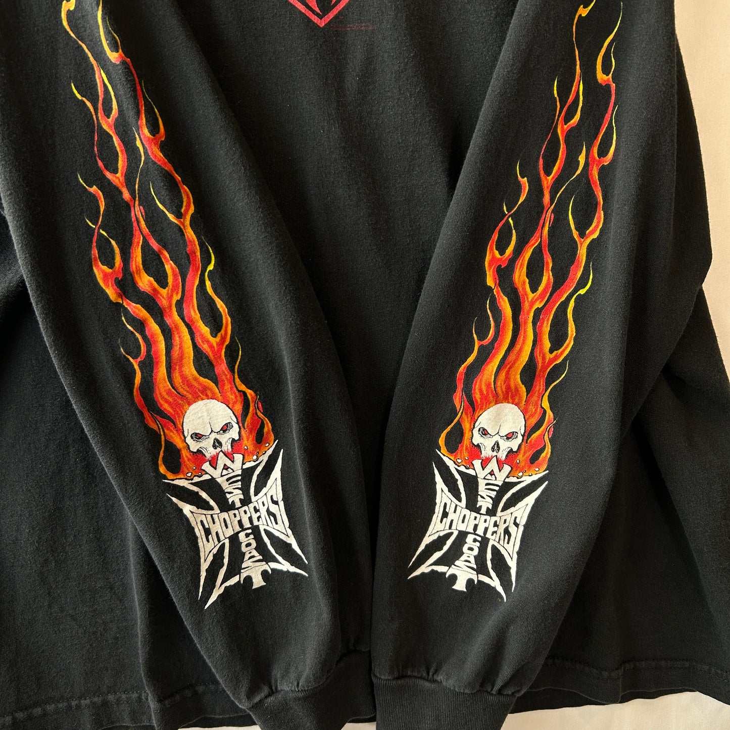 00's West Coast Choppers ウェストコーストチョッパーズ 袖フレイムプリント アイアンクロス ロンT tシャツ (XL)/C0996T-SO