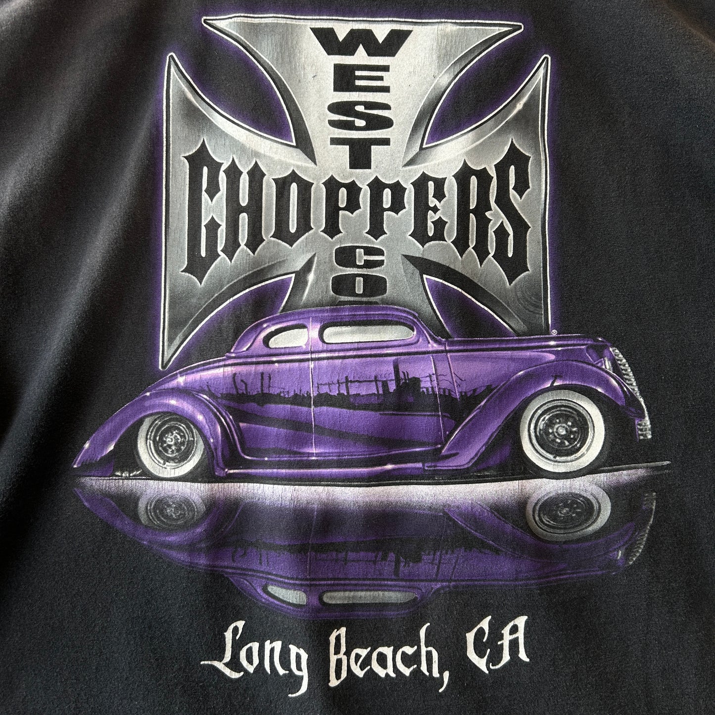 00's West Coast Choppers ウェストコーストチョッパーズ クラシックカー＆アイアンクロス Tシャツ ブラック(XL)/C0997T-SO
