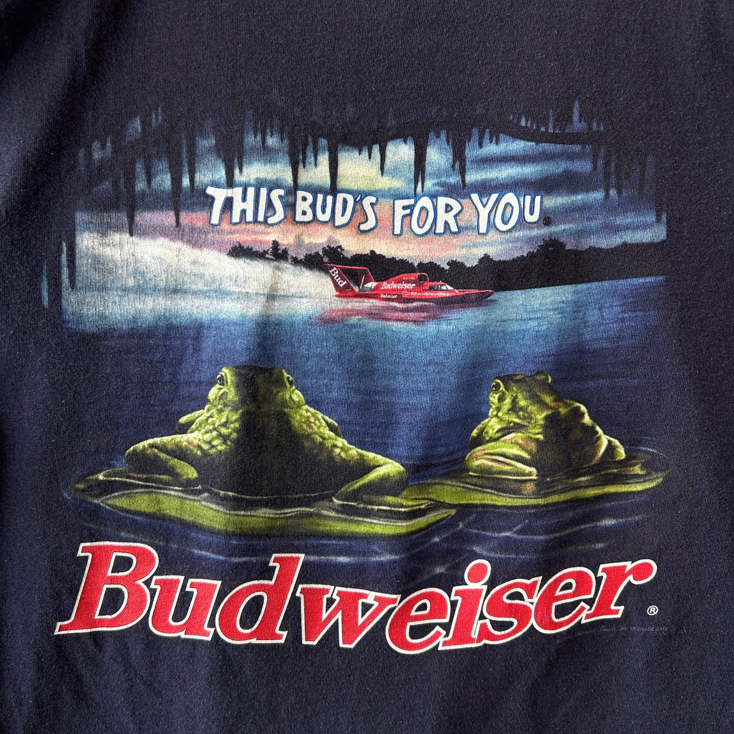 90's Budweiser バドワイザー フロッグ Tシャツ ビール 企業Tシャツ ネイビー(XL)/C0991T-SO