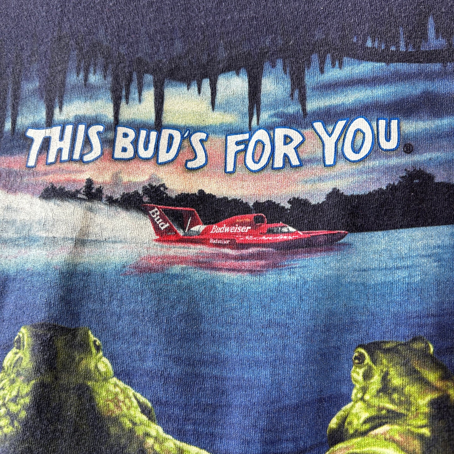 90's Budweiser バドワイザー フロッグ Tシャツ ビール 企業Tシャツ ネイビー(XL)/C0991T-SO