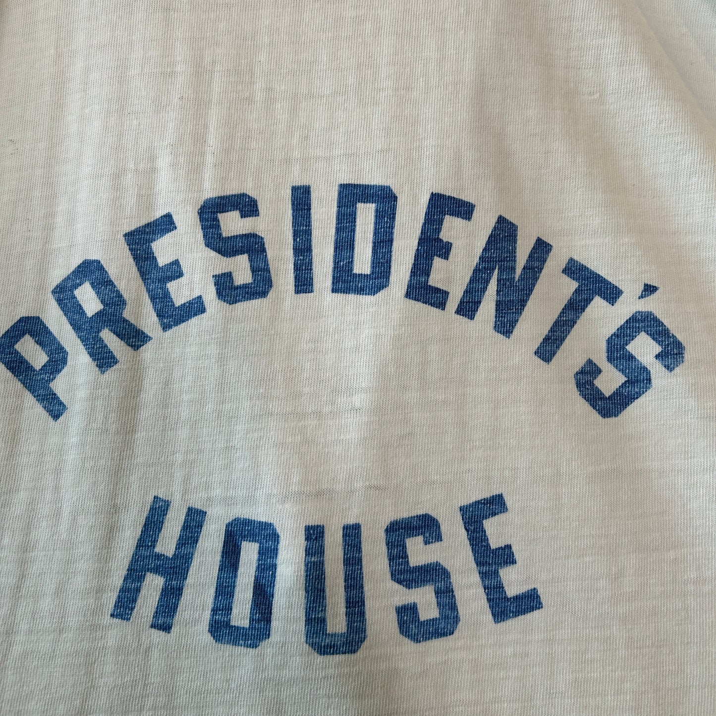80's ~ Unknown Brand フットボールTシャツ PRESIDENT'S HOUSE 染み込みプリント コットン 白/C1021T-SO
