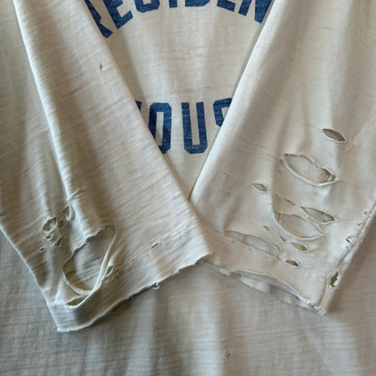 80's ~ Unknown Brand フットボールTシャツ PRESIDENT'S HOUSE 染み込みプリント コットン 白/C1021T-SO