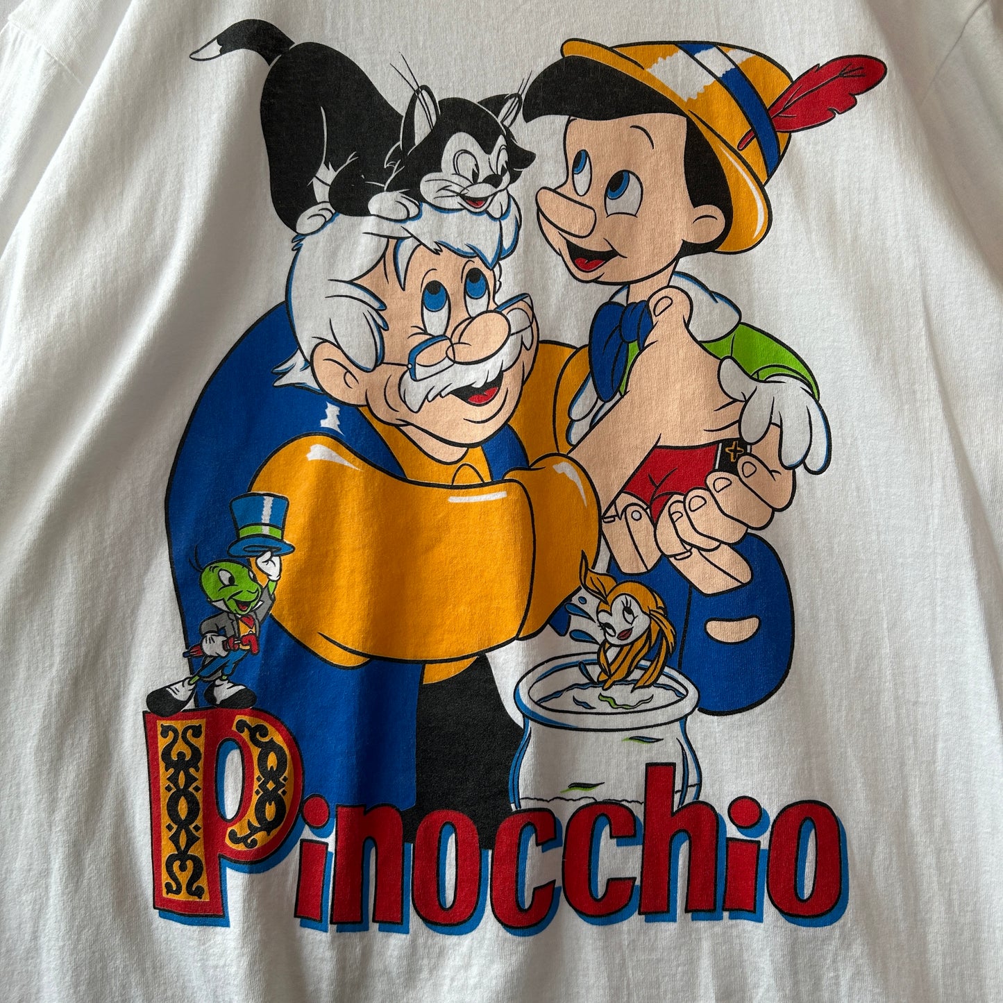 90's Disney ディズニー Pinocchio ピノキオ キャラクターTシャツ 白(XL)/C0432T-SO
