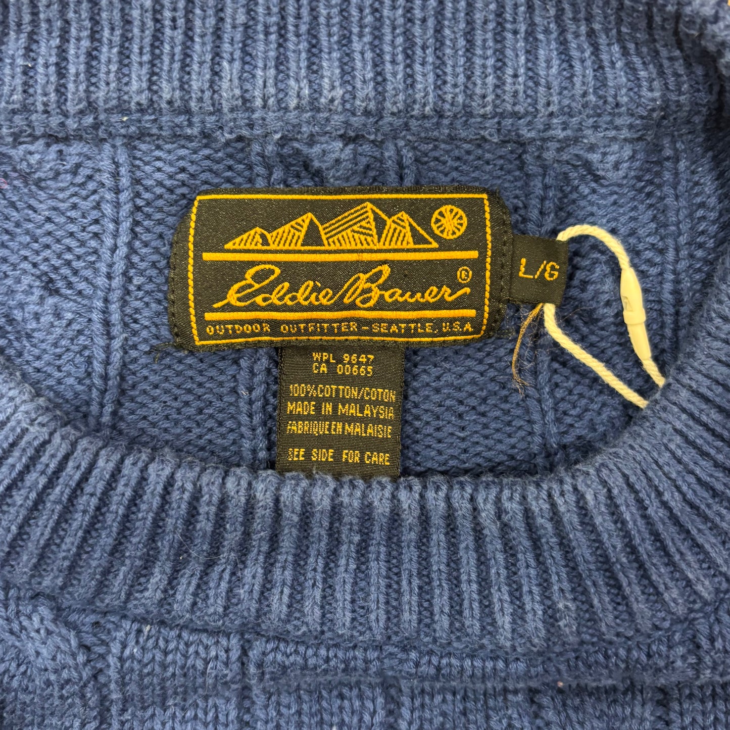 90's Eddie Bauer ケーブル編み コットンニット 青 (L)/A5606K-SO