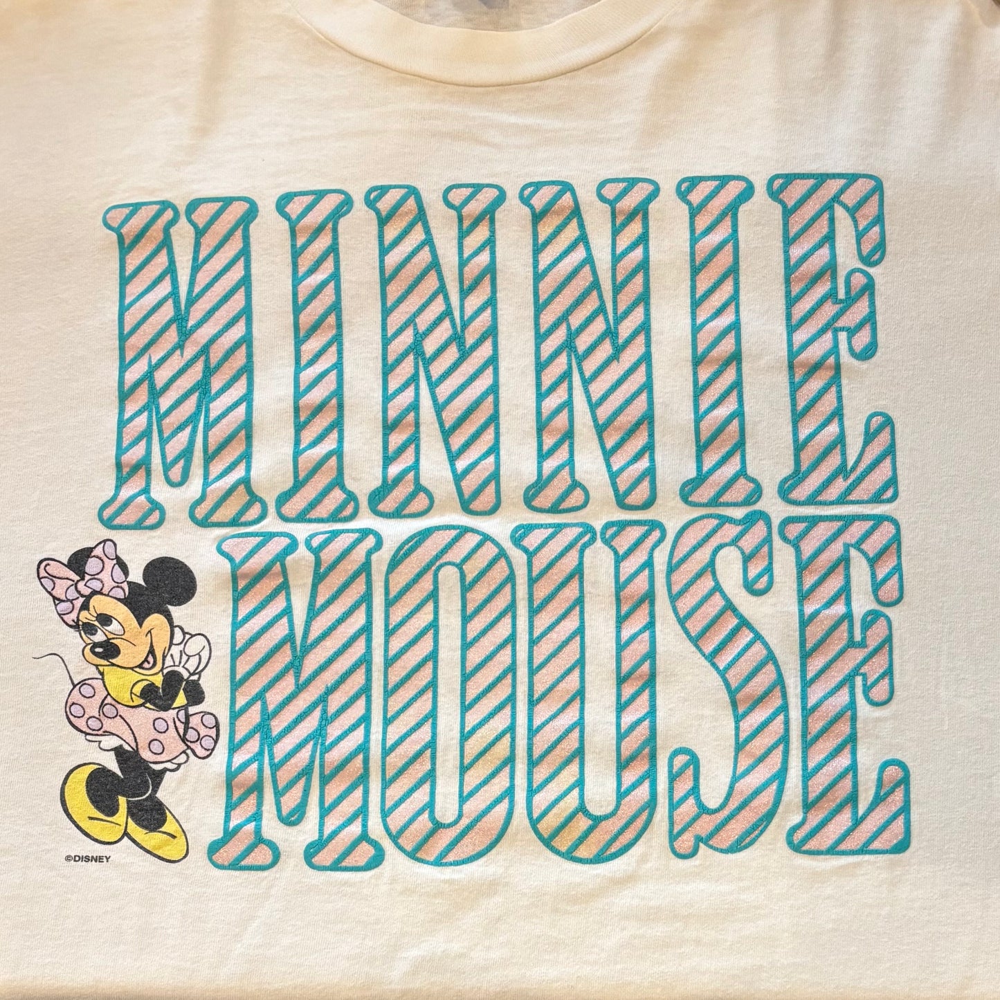 90's Disney ミニーマウス ラメ入りプリントTシャツ 白 (L)/B2057T-SO