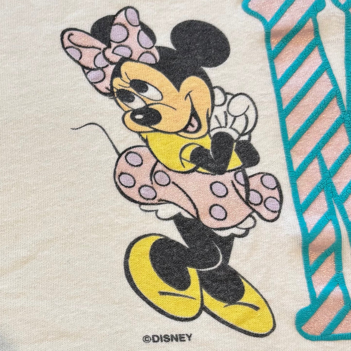 90's Disney ミニーマウス ラメ入りプリントTシャツ 白 (L)/B2057T-SO