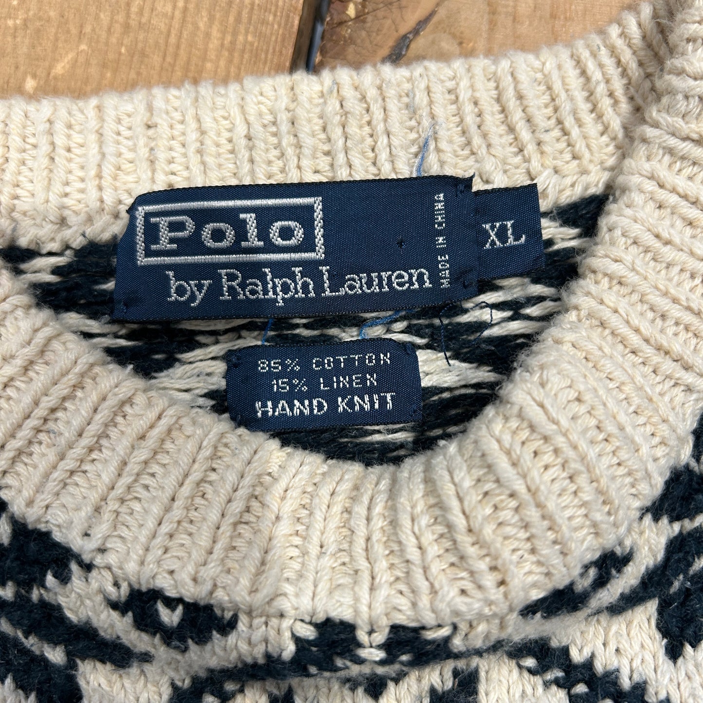 Polo ラルフローレン"HAND KNIT" ノルディック柄 コットン/リネン ニット 白紺(XL)/B3075K-SO