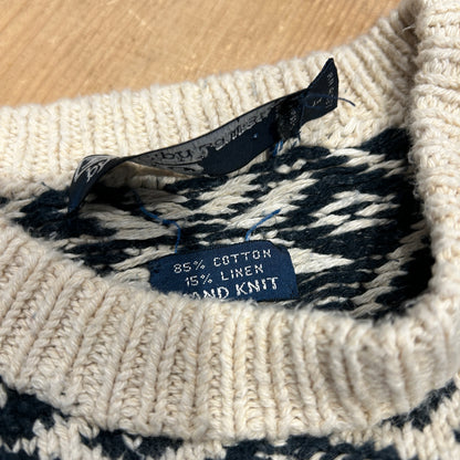 Polo ラルフローレン"HAND KNIT" ノルディック柄 コットン/リネン ニット 白紺(XL)/B3075K-SO