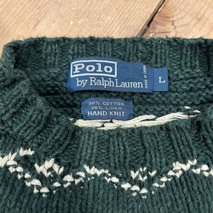 90's Polo ラルフローレン"HAND KNIT"ノルディック柄 コットン/リネンニット グリーン/ベージュ(L)/B1728K-SO