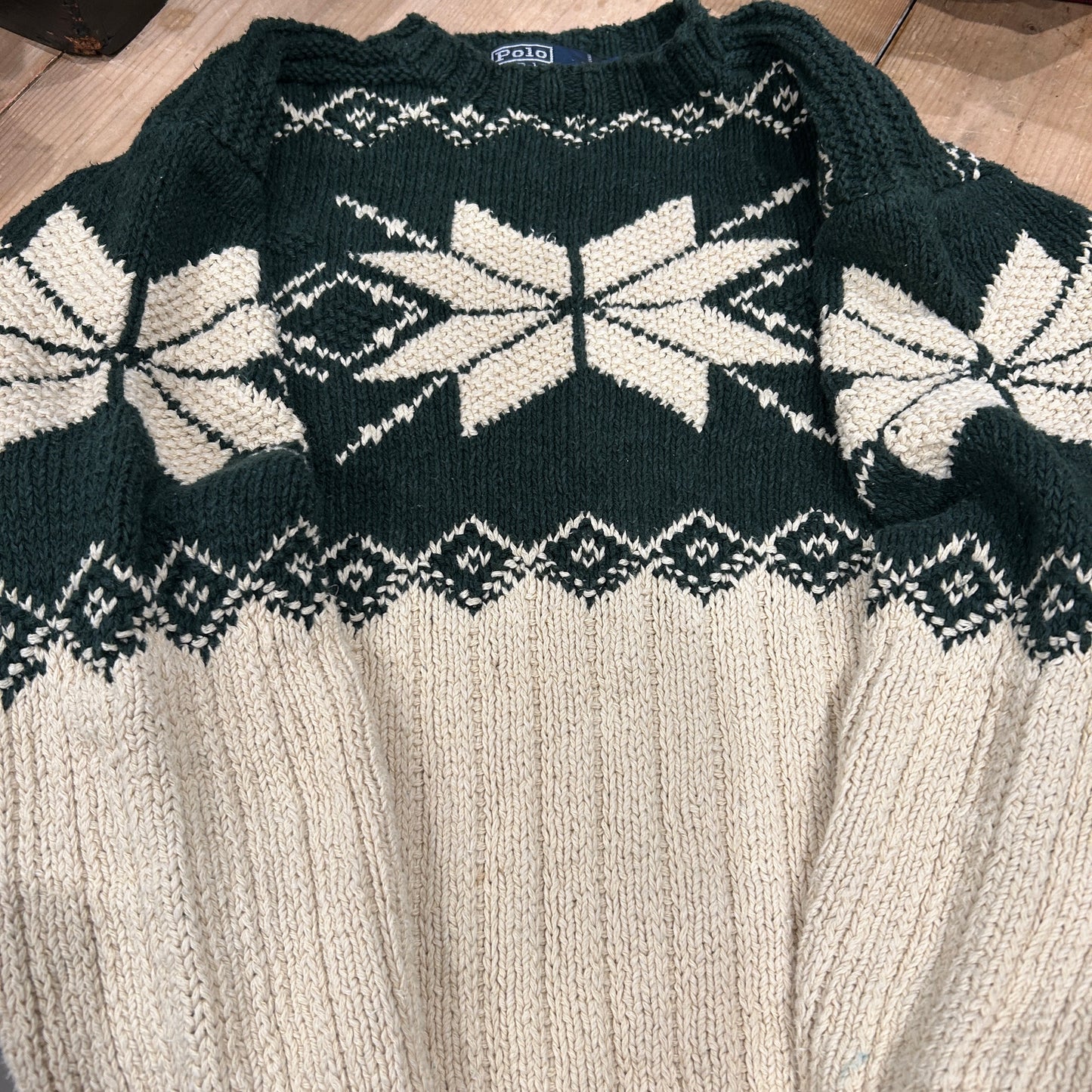 90's Polo ラルフローレン"HAND KNIT"ノルディック柄 コットン/リネンニット グリーン/ベージュ(L)/B1728K-SO