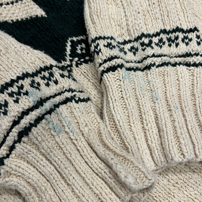 90's Polo ラルフローレン"HAND KNIT"ノルディック柄 コットン/リネンニット グリーン/ベージュ(L)/B1728K-SO