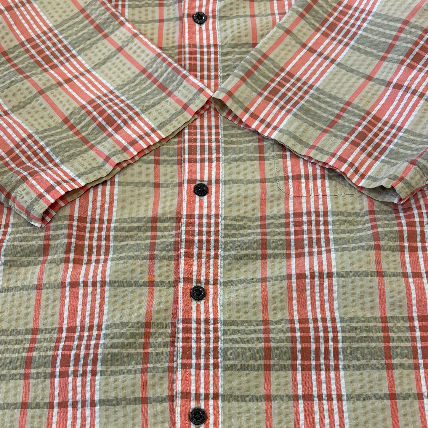 SP13 Patagonia パタゴニア "Puckerware Shirt"シアサッカー 半袖チェックシャツ ベージュ (XL)/B3655SH-SO