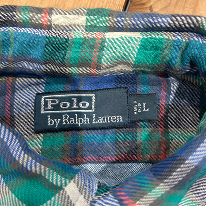 00's Polo ラルフローレン ツイルマドラスチェックシャツ 青緑白(L)/B3065SH-SO