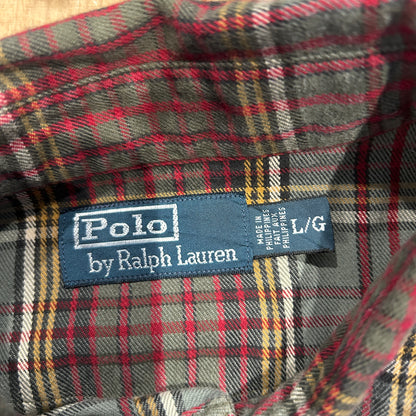 00's Polo ラルフローレン マチ付きチェックシャツ グレー赤(L)/A7923SH-SO