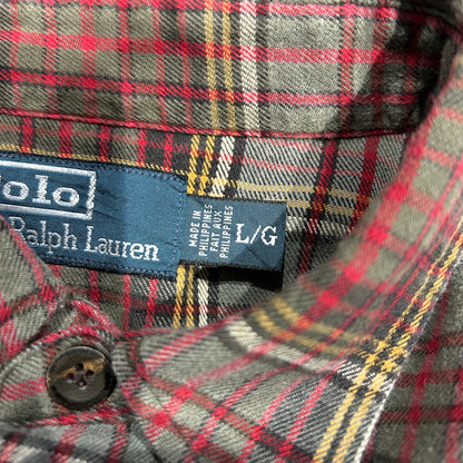 00's Polo ラルフローレン マチ付きチェックシャツ グレー赤(L)/A7923SH-SO