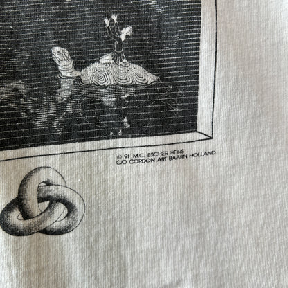 90's M.C.Escher エッシャー アートマルチプリントTシャツ ホワイト ANDAZIA(XL)/C1066T-SO